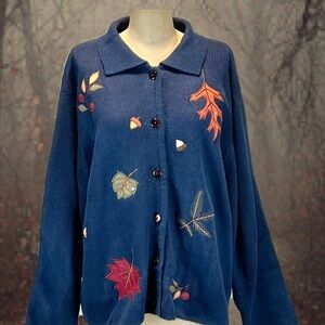 VINTAGE 90s fall leaves knit sweater cardigan tree leaf appliqué autumn acorn